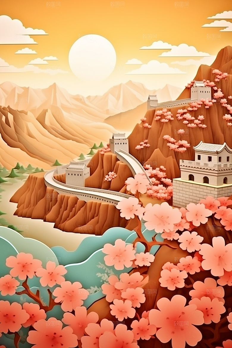 国潮长城工笔画风光剪纸