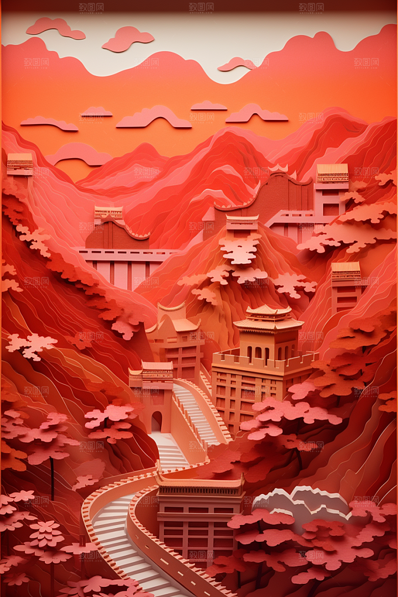 国潮长城层次中国风剪纸