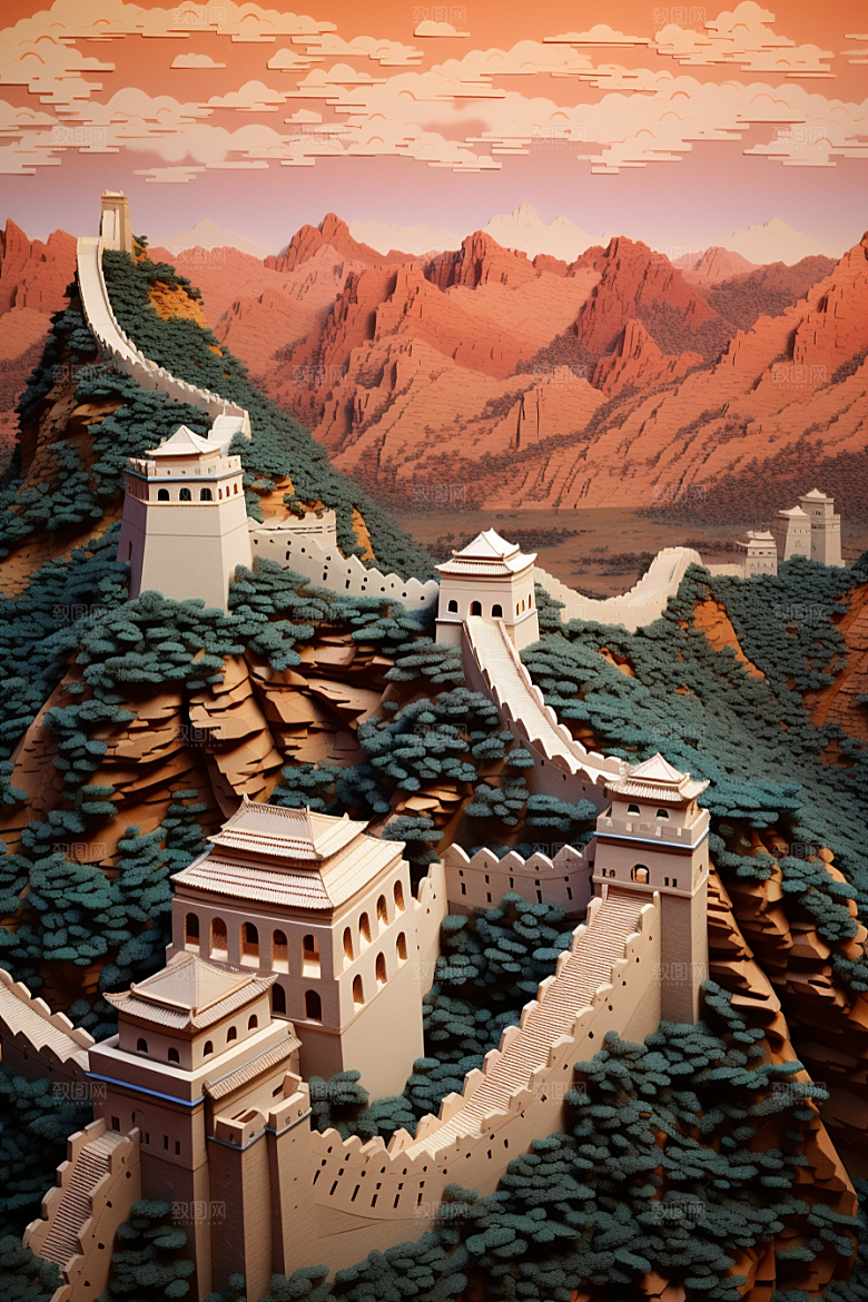 国潮长城工笔画艺术剪纸