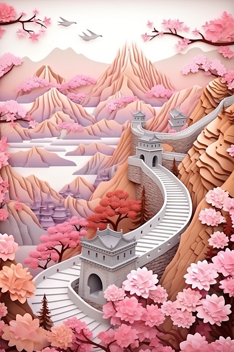 国潮长城风光中国风剪纸