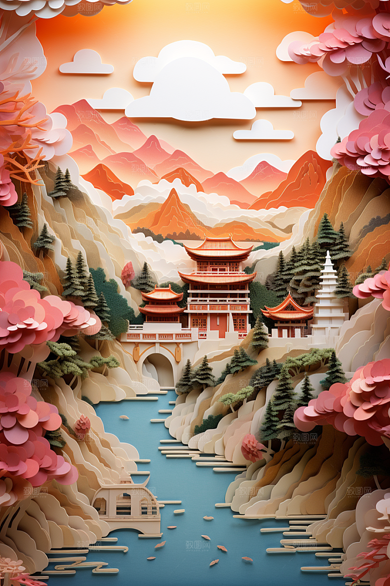 国潮长城立体工笔画剪纸