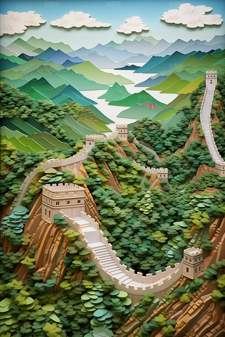 国潮长城山水风光剪纸