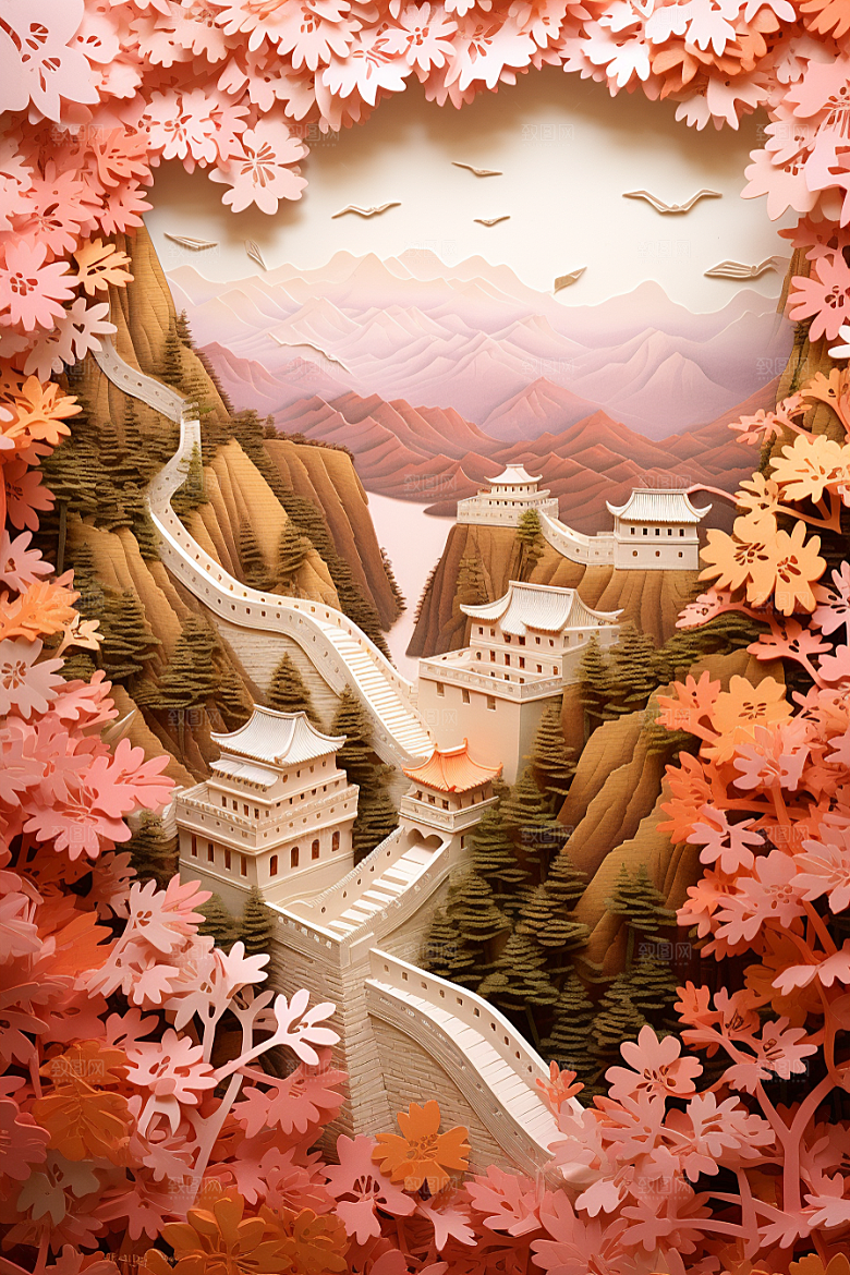 国潮长城精致山水剪纸