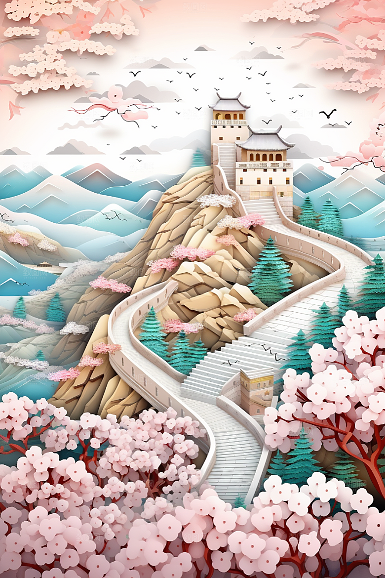 国潮长城新中式风光剪纸