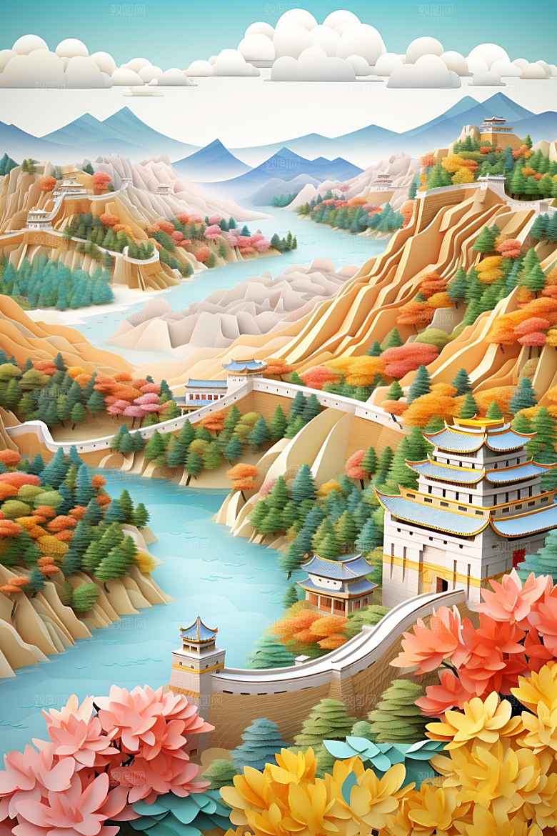 国潮长城艺术风光剪纸