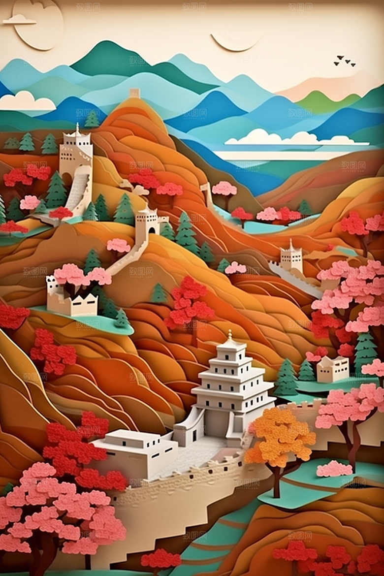 国潮长城新中式山水剪纸