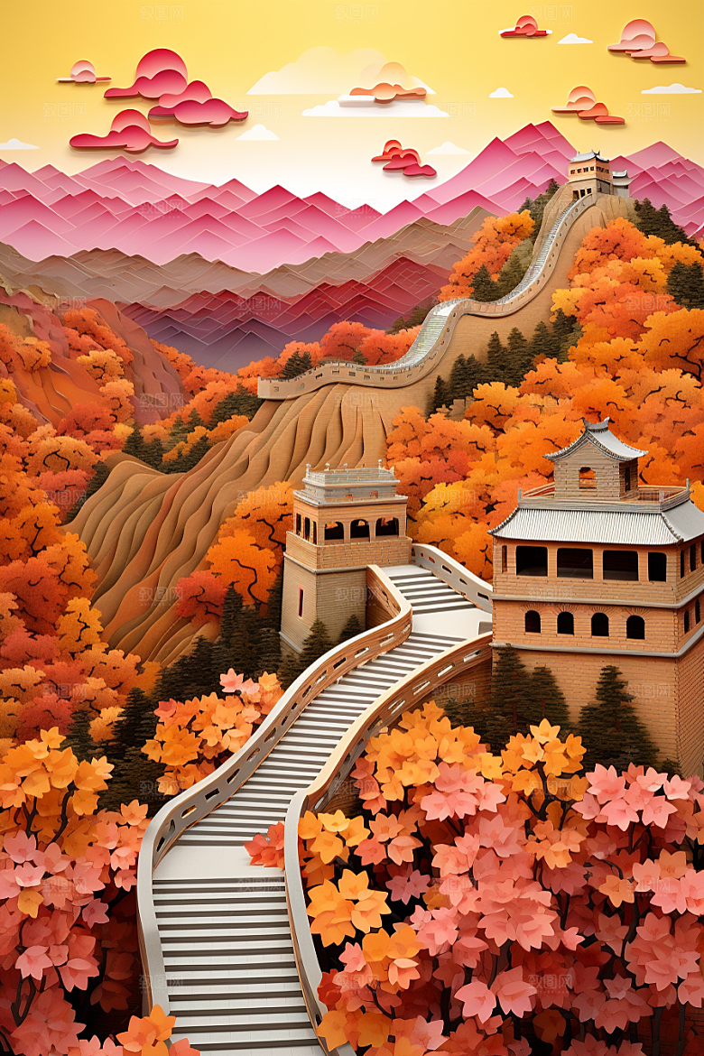 国潮长城艺术立体剪纸