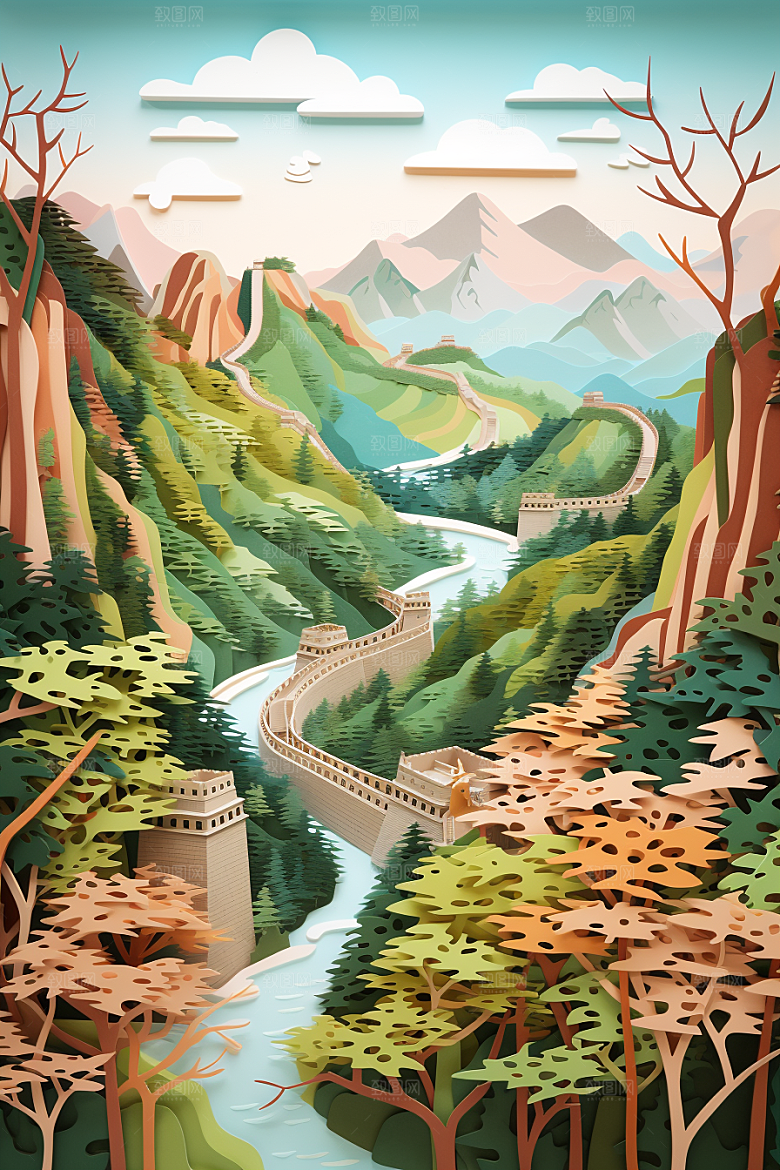 国潮长城精致山水剪纸