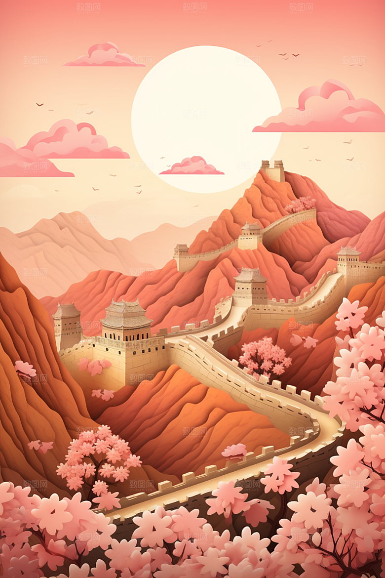 国潮长城艺术工笔画剪纸