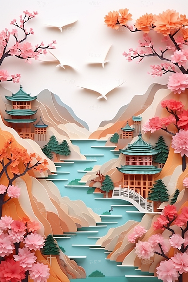 国潮长城立体新中式剪纸