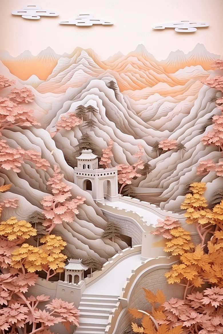 国潮长城风光层次剪纸