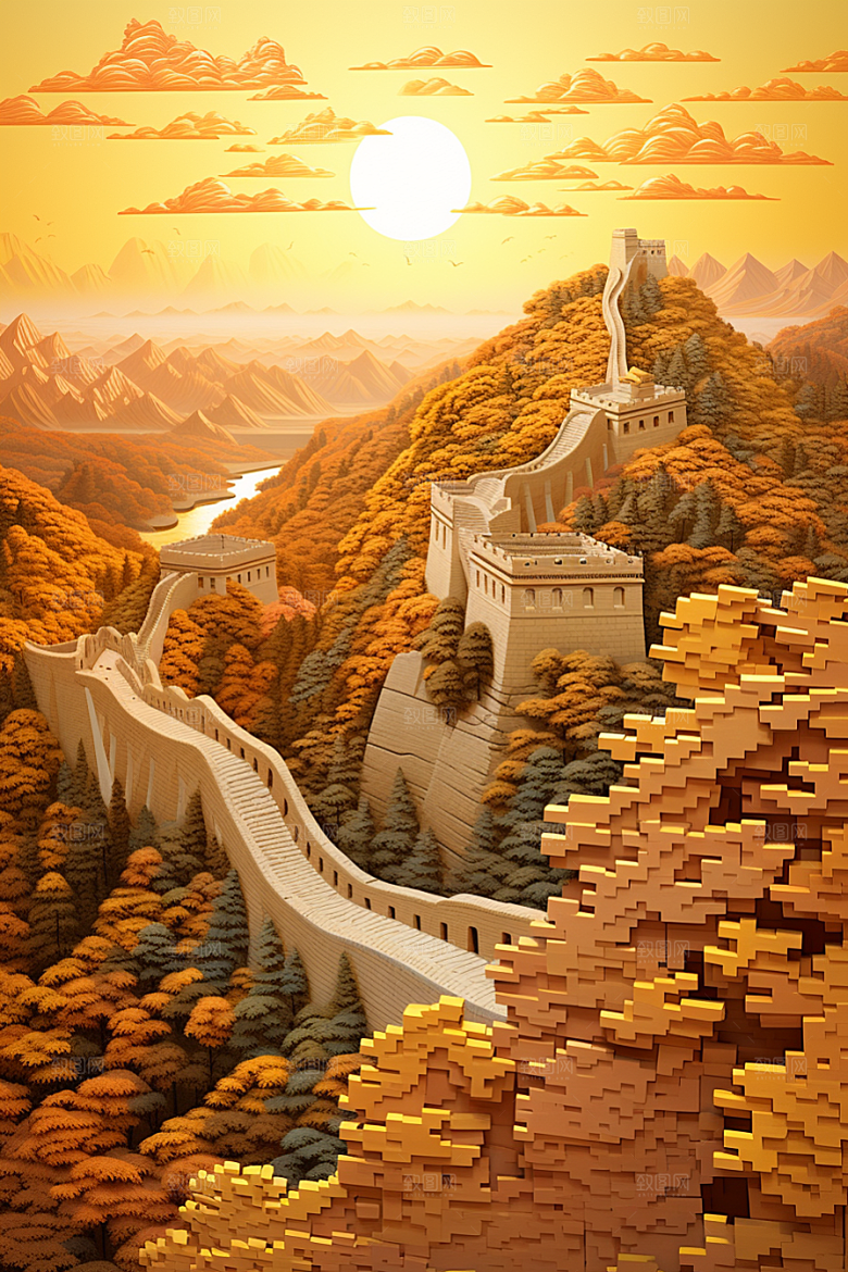 国潮长城层次山水剪纸
