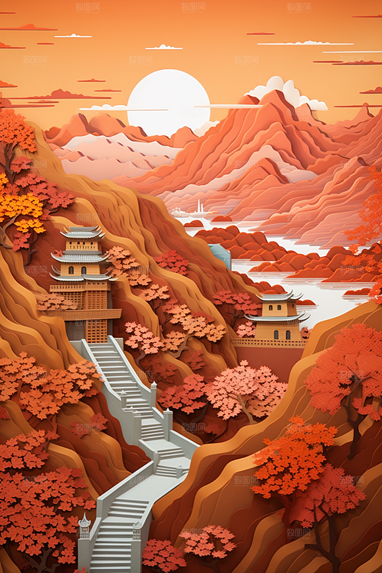 国潮长城层次山水剪纸