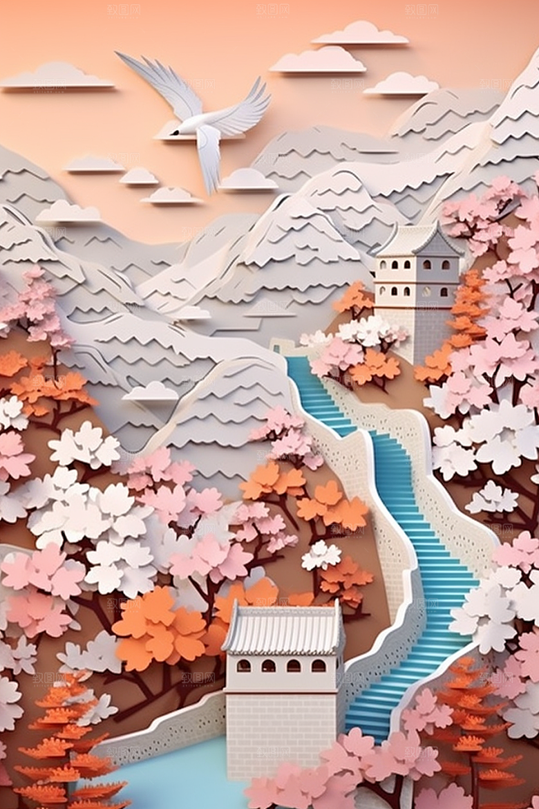 国潮长城山水工笔画剪纸