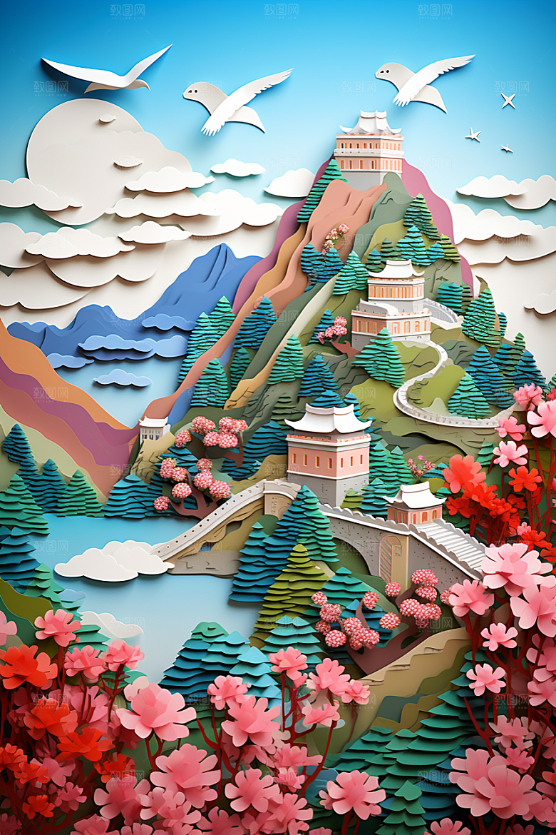 国潮长城立体艺术剪纸