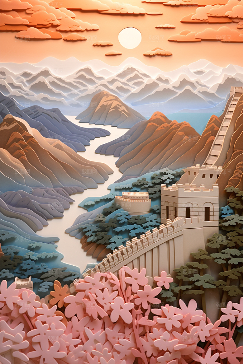 国潮长城山水工笔画剪纸