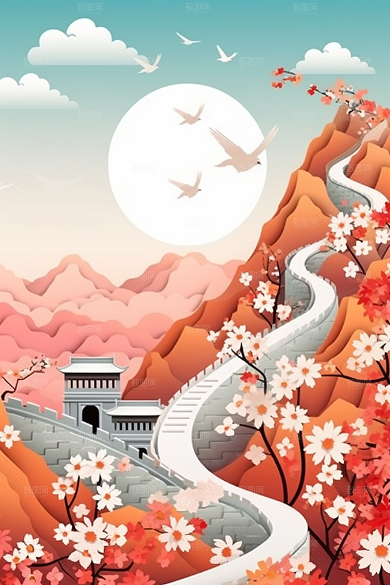 国潮长城工笔画立体剪纸