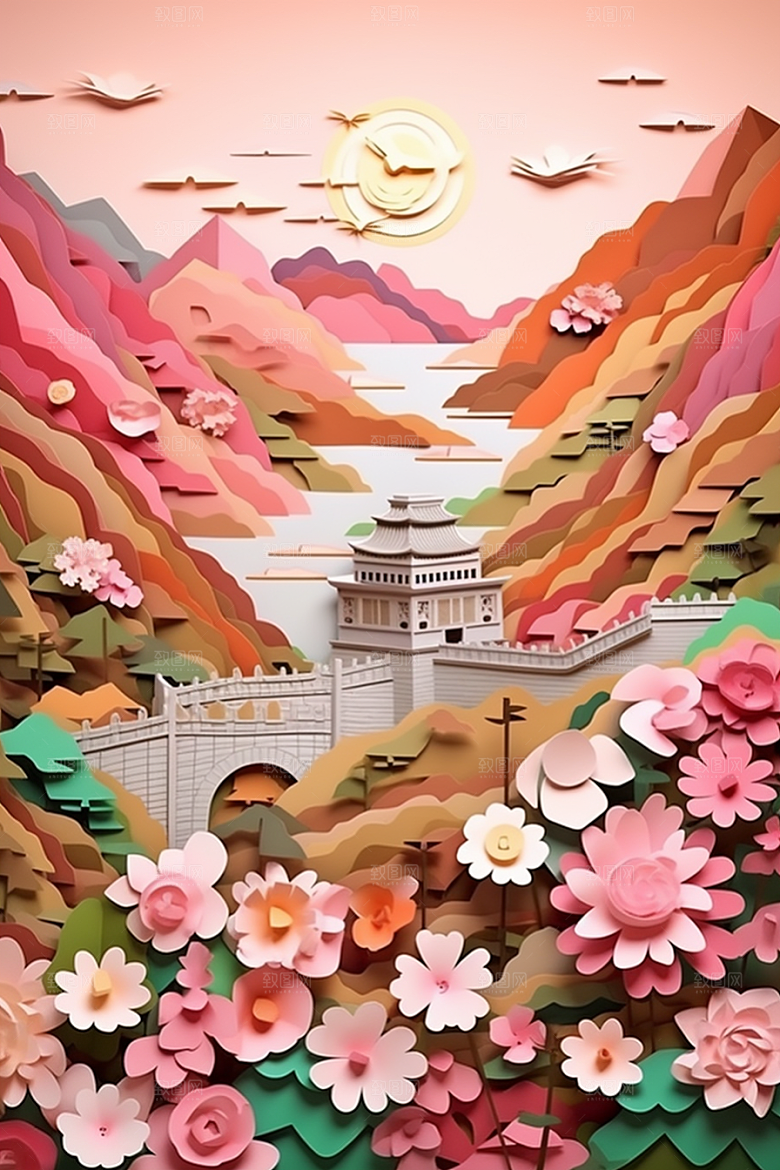 国潮长城立体山水剪纸