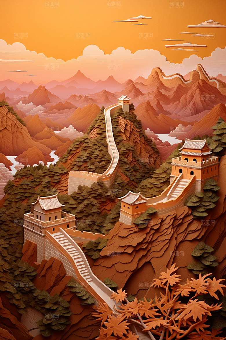 国潮长城立体工笔画剪纸