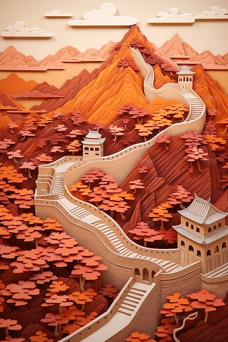 国潮长城立体工笔画剪纸
