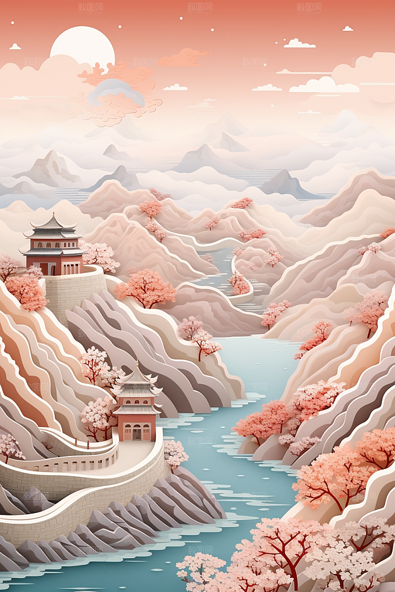 国潮长城工笔画风光剪纸