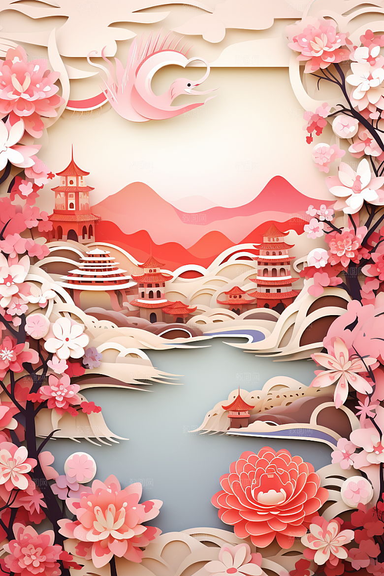 国潮长城工笔画风光剪纸