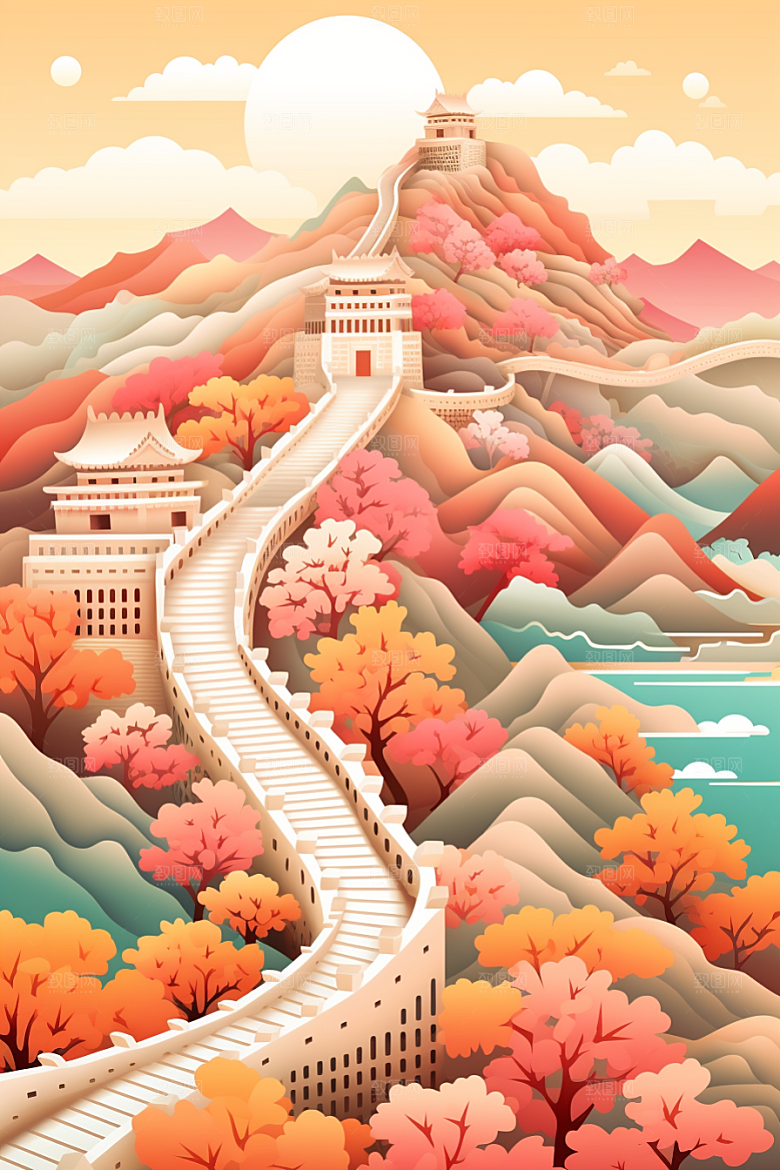 国潮长城工笔画精致剪纸