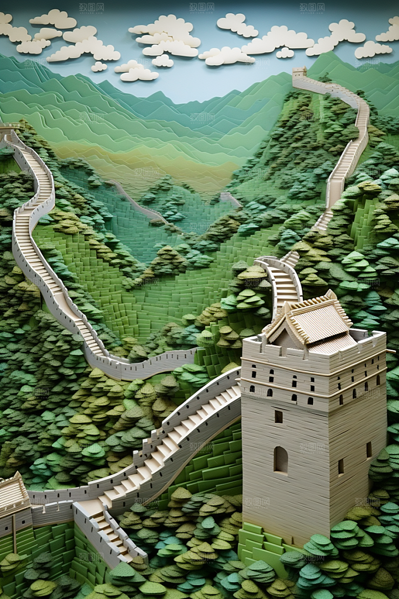 国潮长城山水精致剪纸