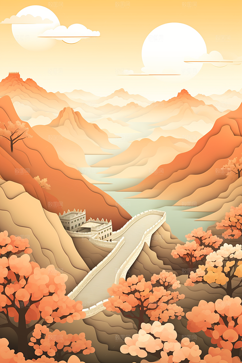 国潮长城中国风工笔画剪纸