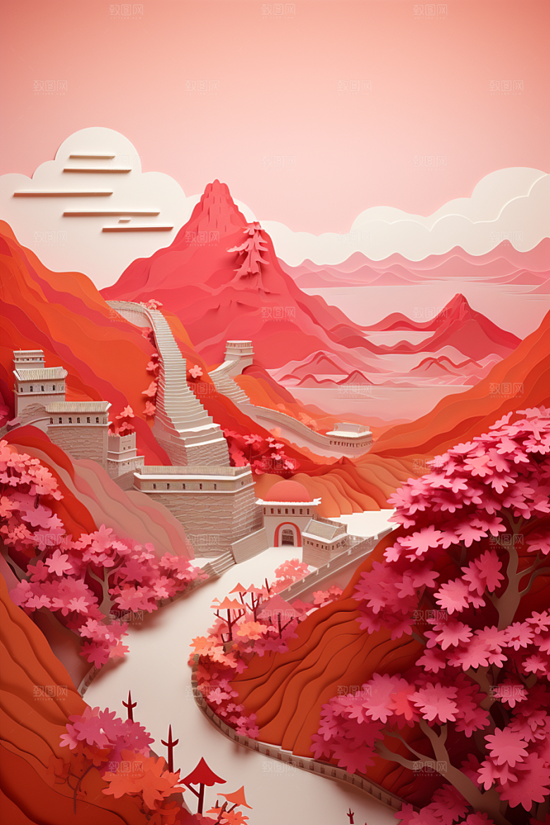 国潮长城工笔画新中式剪纸