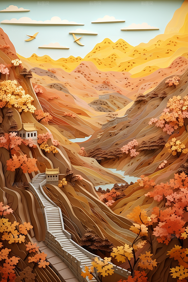国潮长城新中式山水剪纸