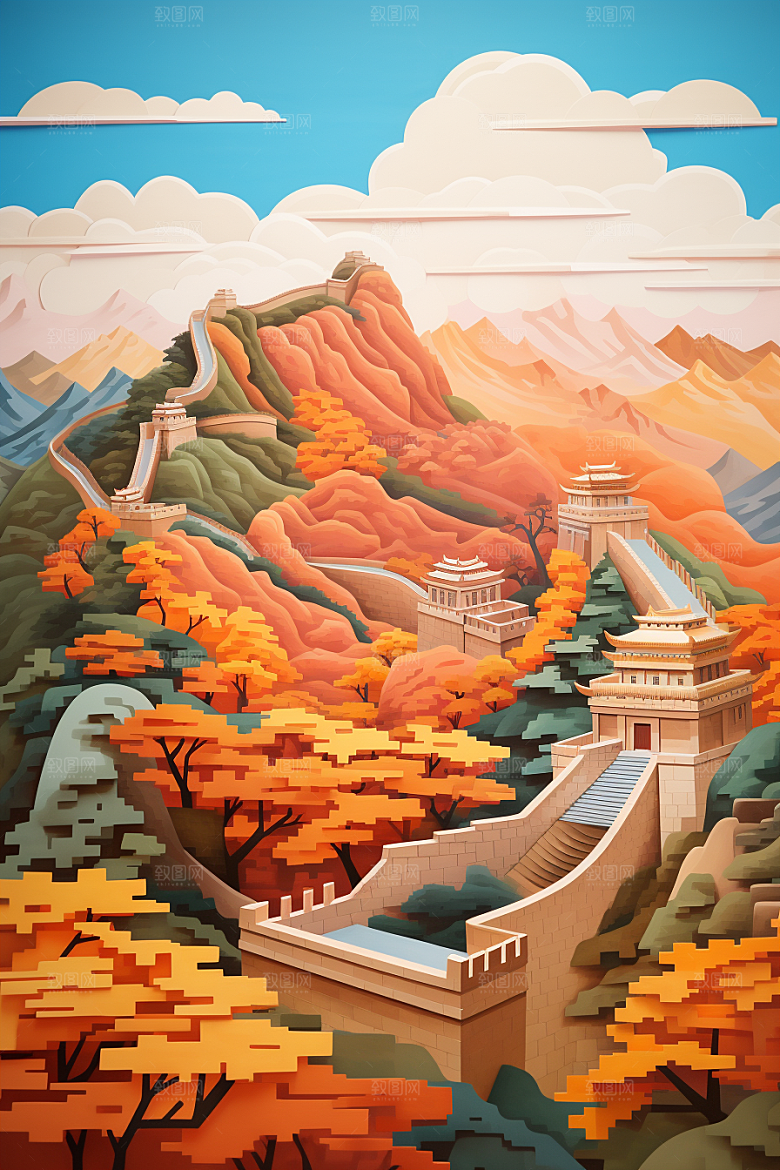 国潮长城精致工笔画剪纸
