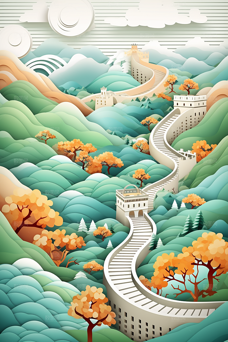 国潮长城工笔画中国风剪纸