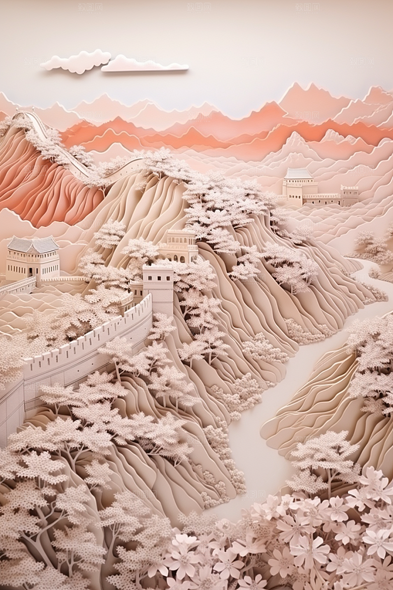 国潮长城风光山水剪纸