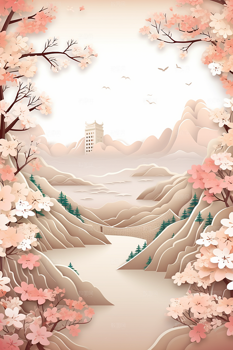 国潮长城层次立体剪纸