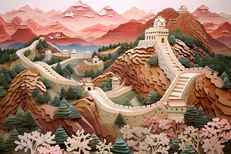 国潮长城山水工笔画剪纸