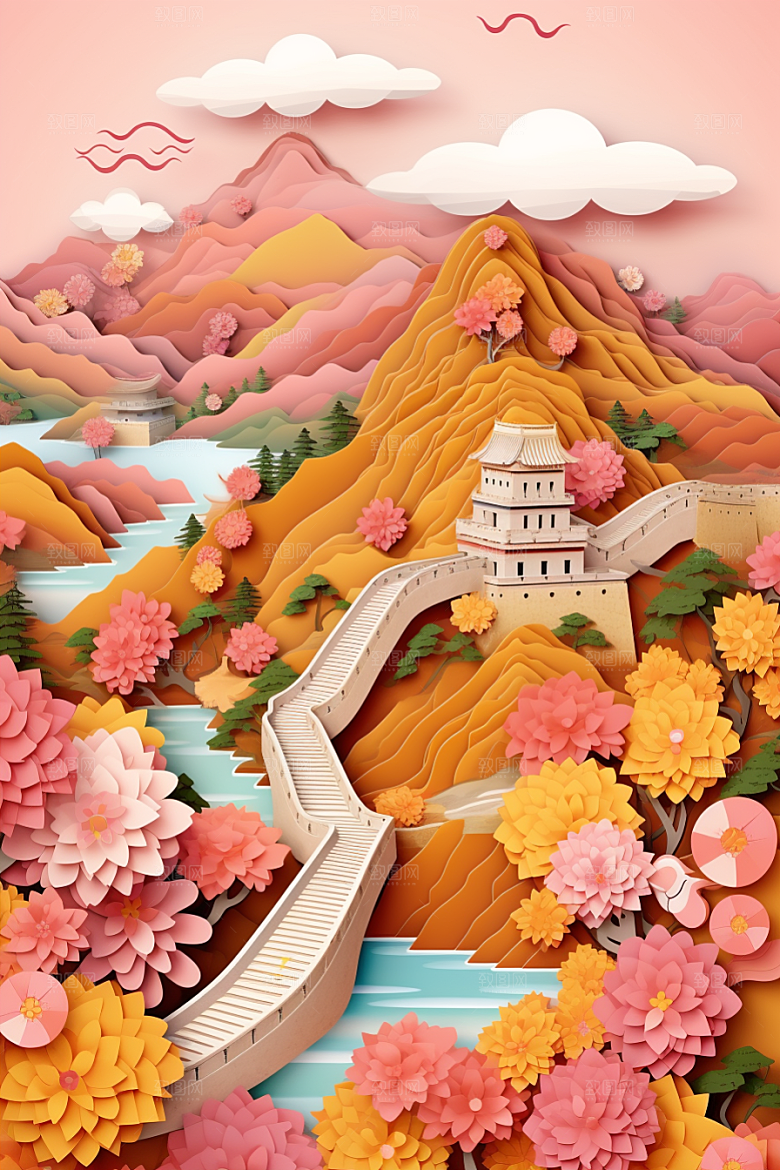 国潮长城山水新中式剪纸