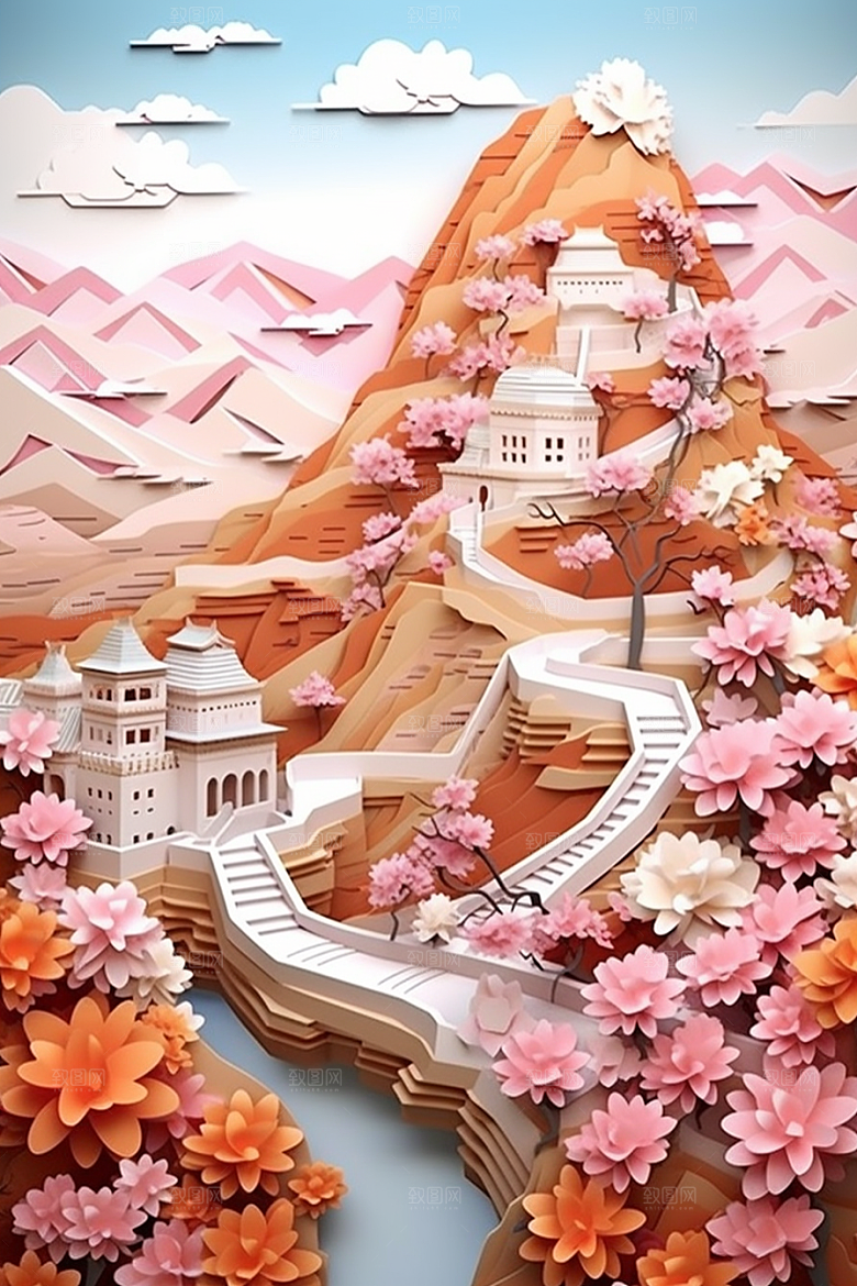 国潮长城山水中国风剪纸