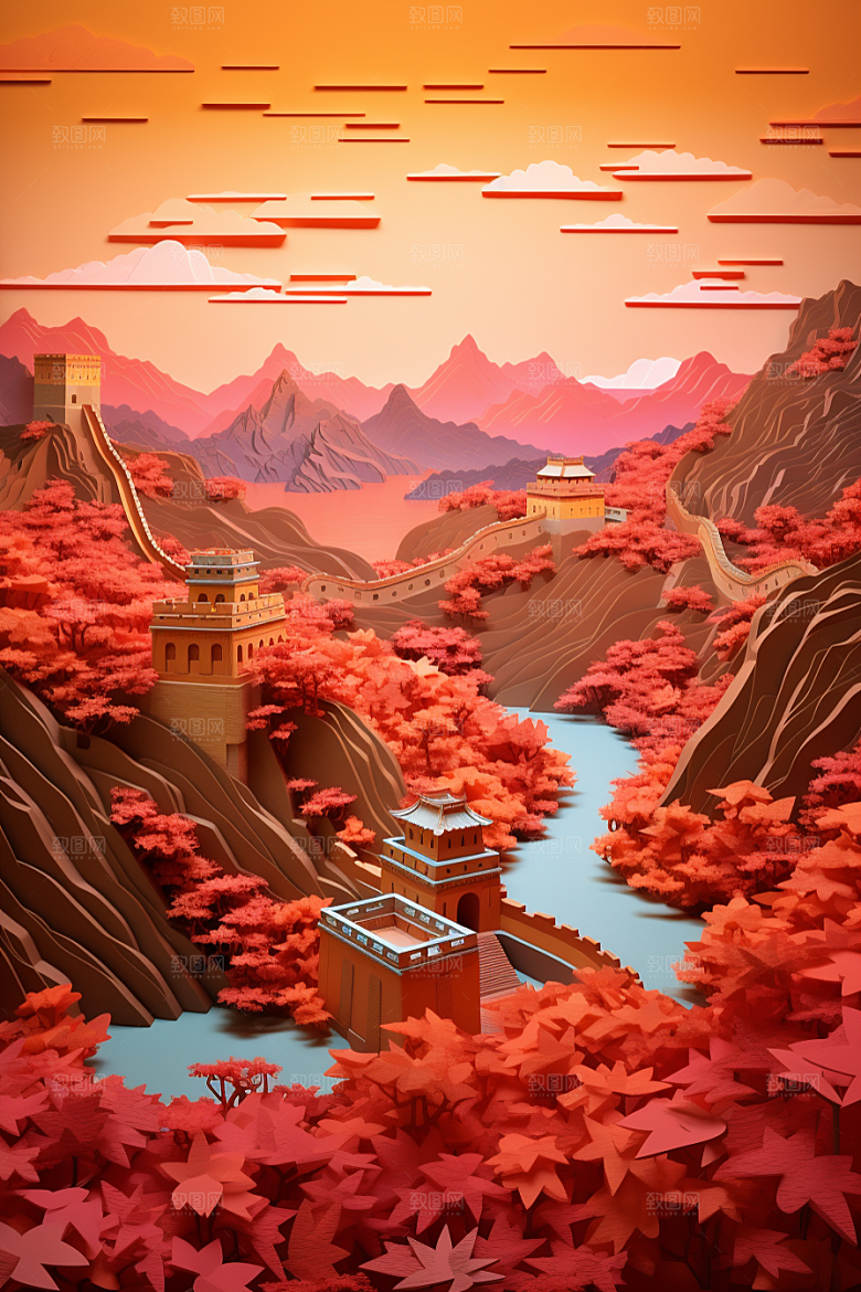 国潮长城艺术工笔画剪纸