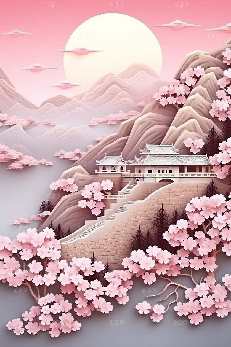 国潮长城风光工笔画剪纸