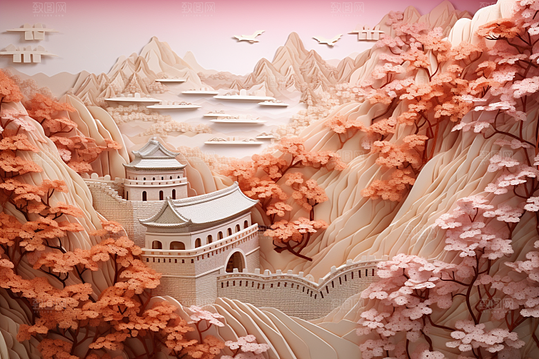 国潮长城工笔画立体剪纸