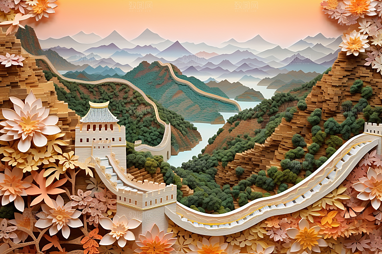 国潮长城山水层次剪纸
