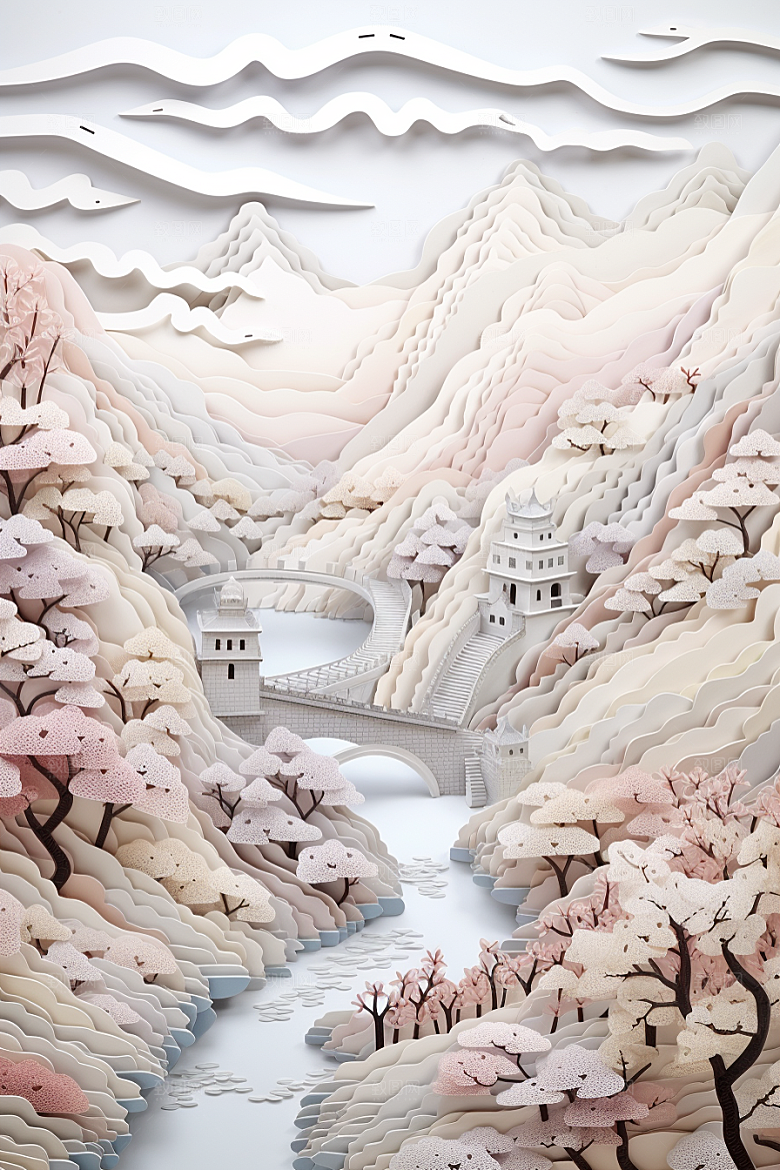 国潮长城精致山水剪纸