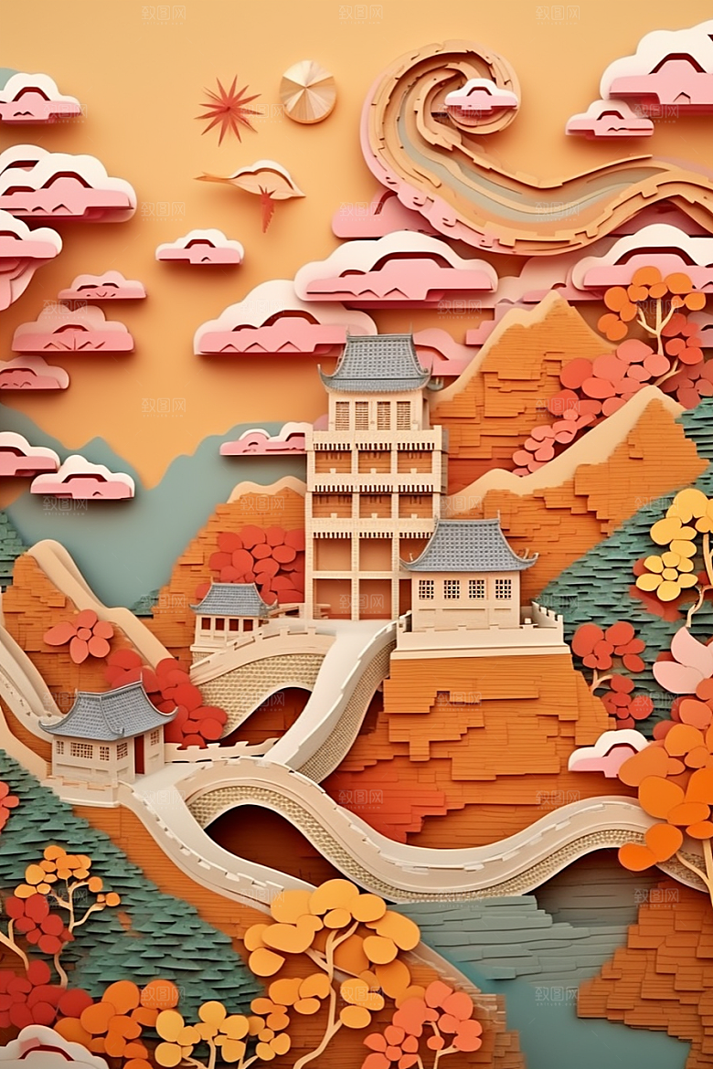 国潮长城风光艺术剪纸
