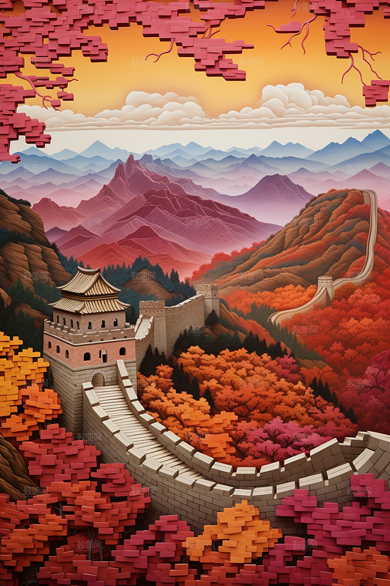 国潮长城精致山水剪纸