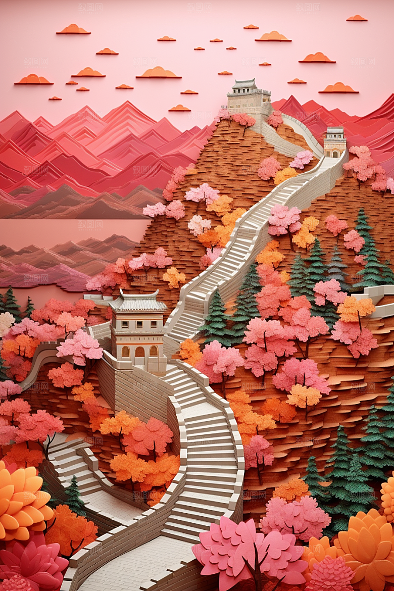 国潮长城风光山水剪纸