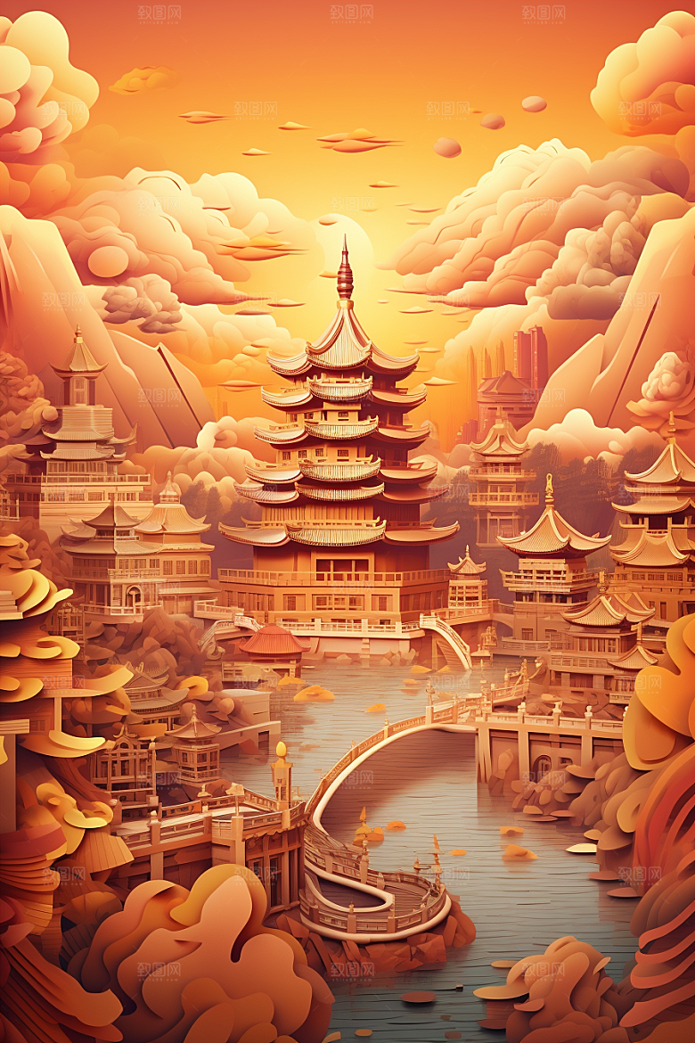国潮长城艺术立体剪纸