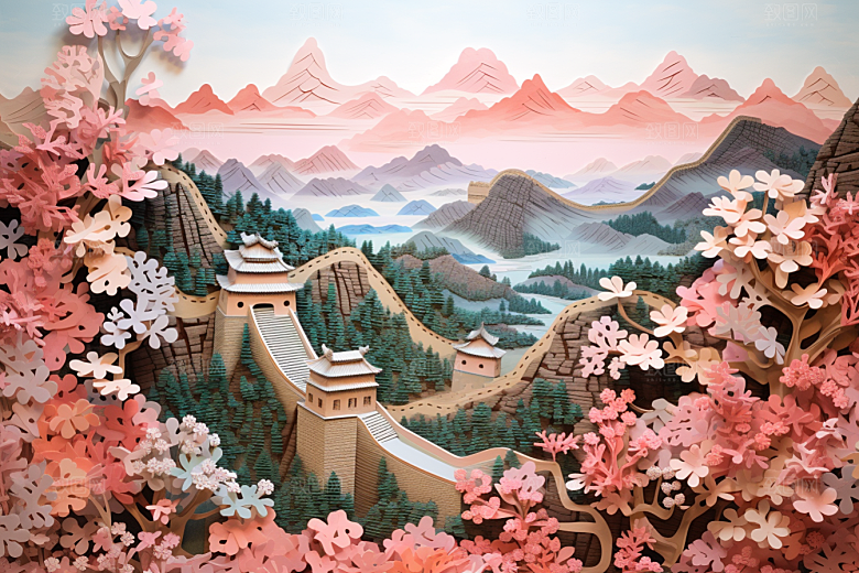 国潮长城工笔画新中式剪纸