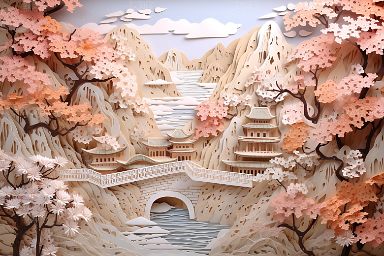 国潮长城山水新中式剪纸