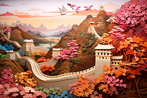 国潮长城中国风工笔画剪纸